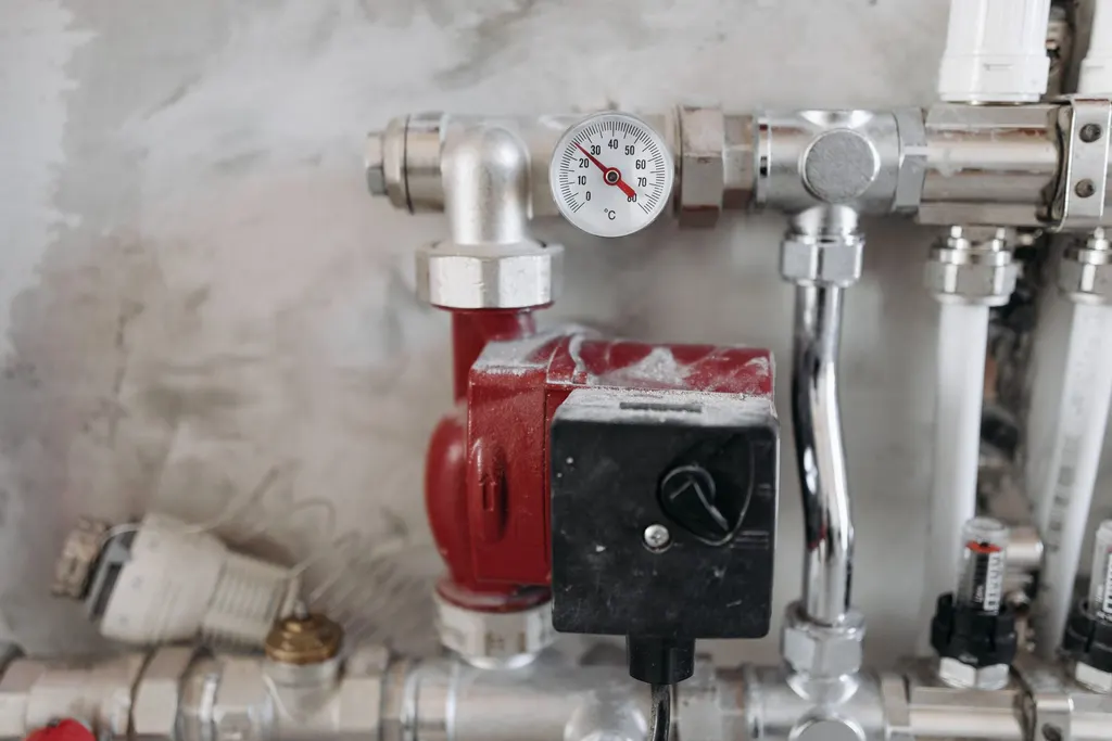 Hydronic heating manifold with pipes, valves, a red circulator pump and pressure gauge on a wall